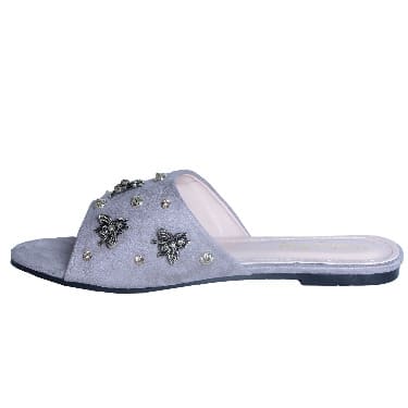 Butterfly Metal Studded Flat Slippers - Grey