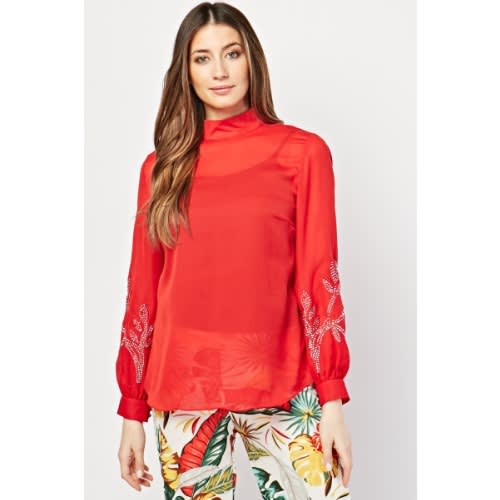 Embroidered Flower Encrusted Blouse - Red