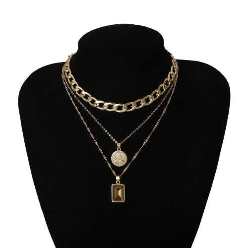 Cuban Pendant Layered Necklace - 3in1 - Gold