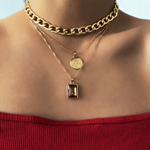 Cuban Pendant Layered Necklace - 3in1 - Gold