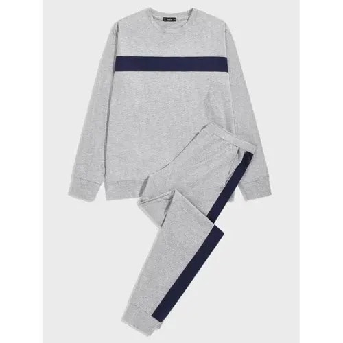 Unisex Pattern Joggers And Sweatshirt - Grey / Navy Blue