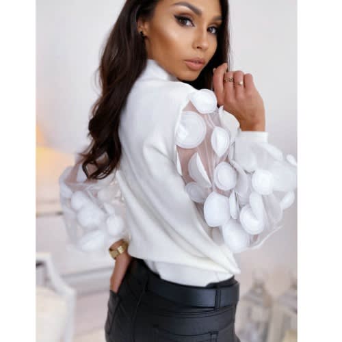 Dot Print Lace Decor See Through O-neck Puff Sleeve Blouse