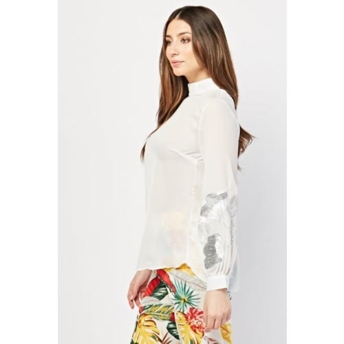 Embroidered White Flower Encrusted Blouse