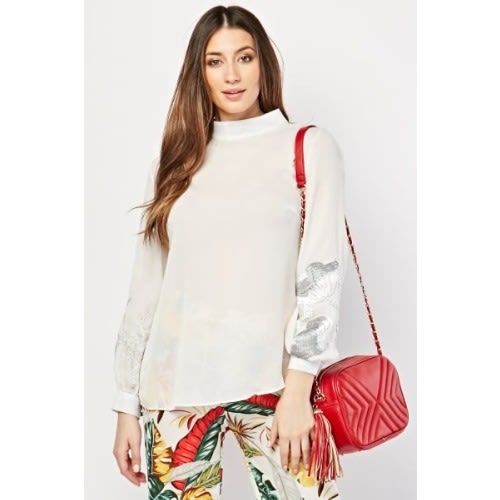 Embroidered White Flower Encrusted Blouse