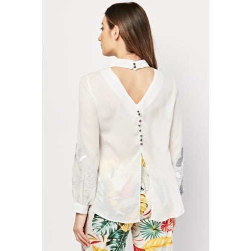 Embroidered White Flower Encrusted Blouse