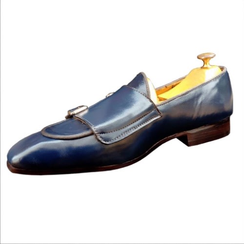Men's Navy Blue Double Monk Strap Belgian Loafers