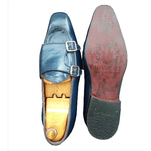 Men's Navy Blue Double Monk Strap Belgian Loafers