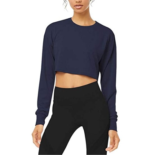Women's Plain Navy Blue Long Sleeve Round Neck Crop Top Tshirt