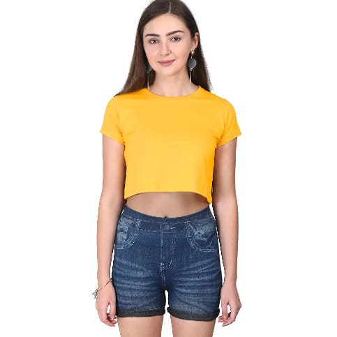 Women's Plain Yellow Round Neck Crop Top Tshirt