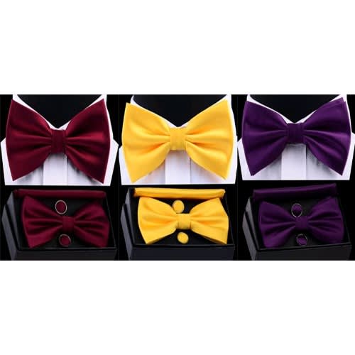 Silky Bow Tie Pocket Square And Cufflinks - Wine Yellow, Purple - Set Of 3