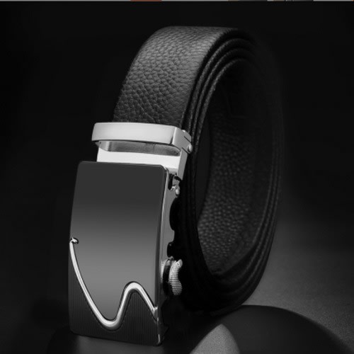 Men's Leather Belt With Automatic Buckle-Black & Silver