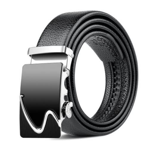 Men's Leather Belt With Automatic Buckle-Black & Silver