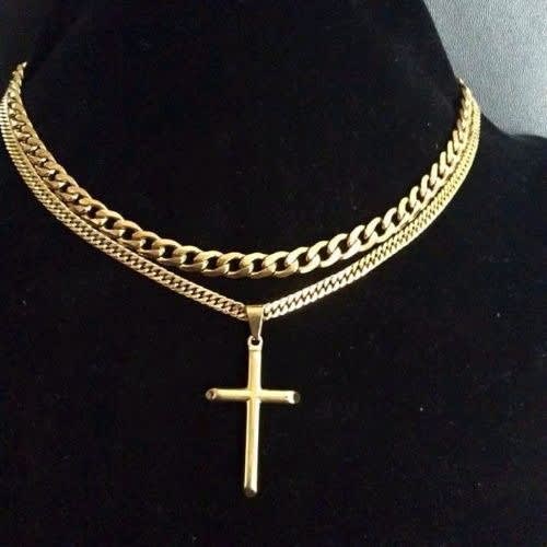 Cuban Link Chain With Cross Pendant-Gold