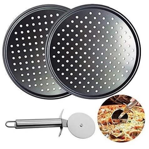 Set Of 2 Pizza Pan With Holes And Pizza Cutter