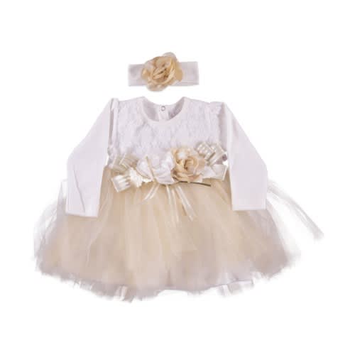 Baby Girl Full Roses Dress With Stripe Beige
