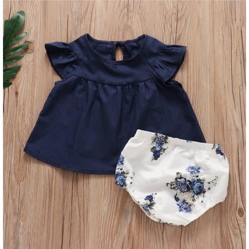 Blue Flower Girl Baby Dress And Pant
