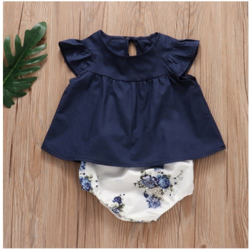 Blue Flower Girl Baby Dress And Pant