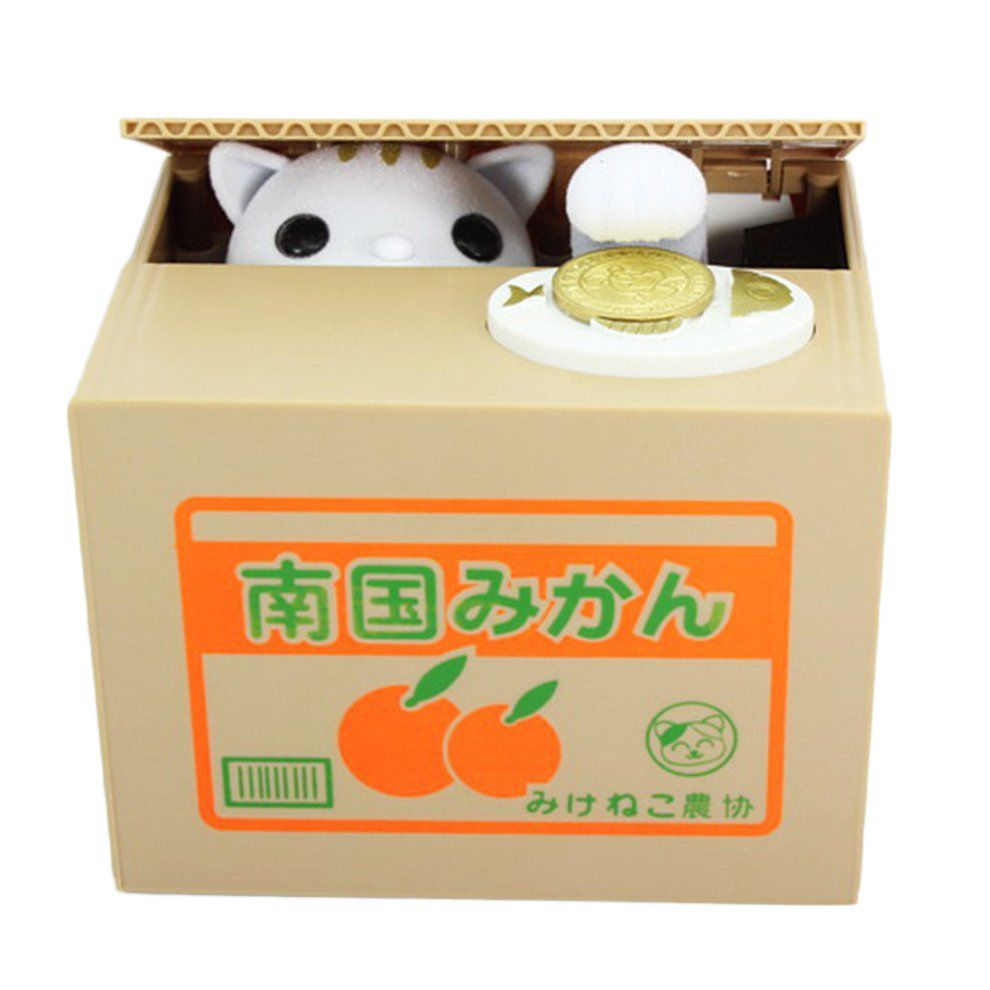HP Piggy Bank Cat Steal Money Coin Saving Box Pot Case Battery Operated Gift White