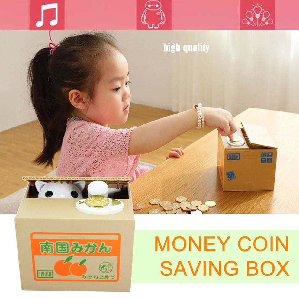 HP Piggy Bank Cat Steal Money Coin Saving Box Pot Case Battery Operated Gift White