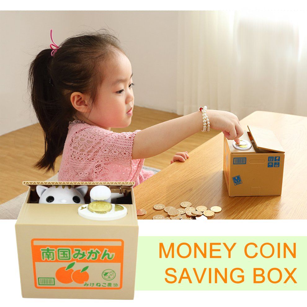 HP Piggy Bank Cat Steal Money Coin Saving Box Pot Case Battery Operated Gift White