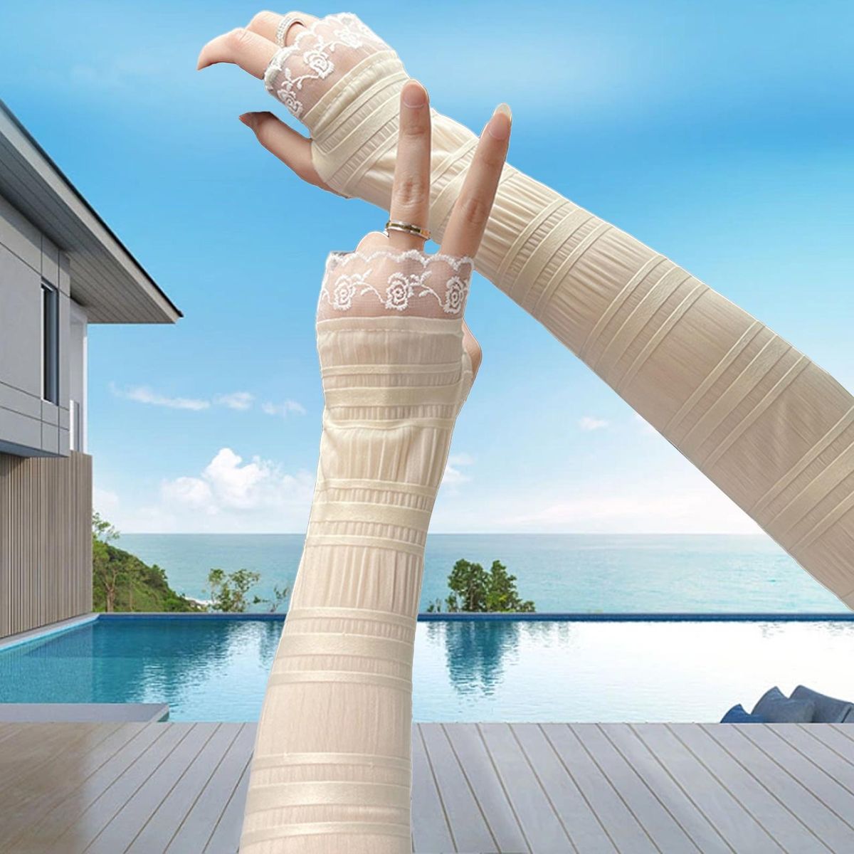 1 Pair Cycling Arm Sleeves Basketball Cycling Arm Compression Sleeves Beige