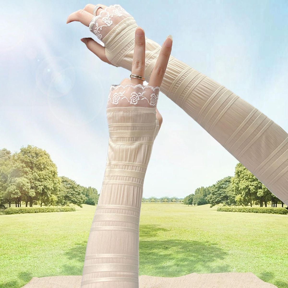 1 Pair Cycling Arm Sleeves Basketball Cycling Arm Compression Sleeves Beige