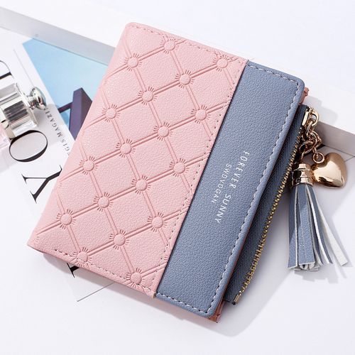 Women Tassel Short Wallet Zipper Credit Card Purse（Pink）