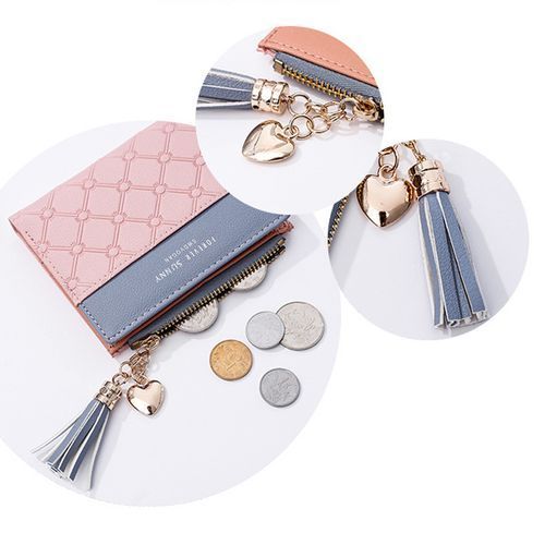 Women Tassel Short Wallet Zipper Credit Card Purse（Pink）