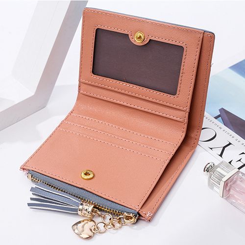 Women Tassel Short Wallet Zipper Credit Card Purse（Pink）