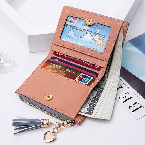 Women Tassel Short Wallet Zipper Credit Card Purse（Pink）