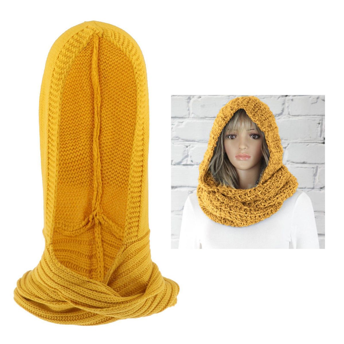 Lady Hooded Scarf Warm Knitted Hoodie 3 In 1 Shawl Headscarf Yellow