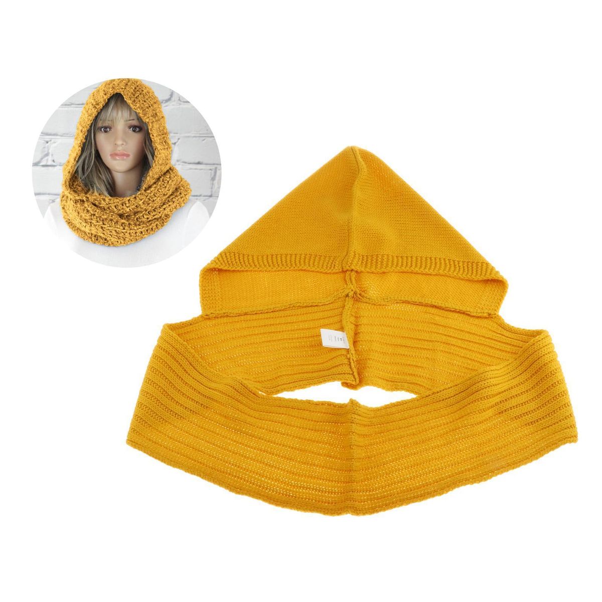 Lady Hooded Scarf Warm Knitted Hoodie 3 In 1 Shawl Headscarf Yellow