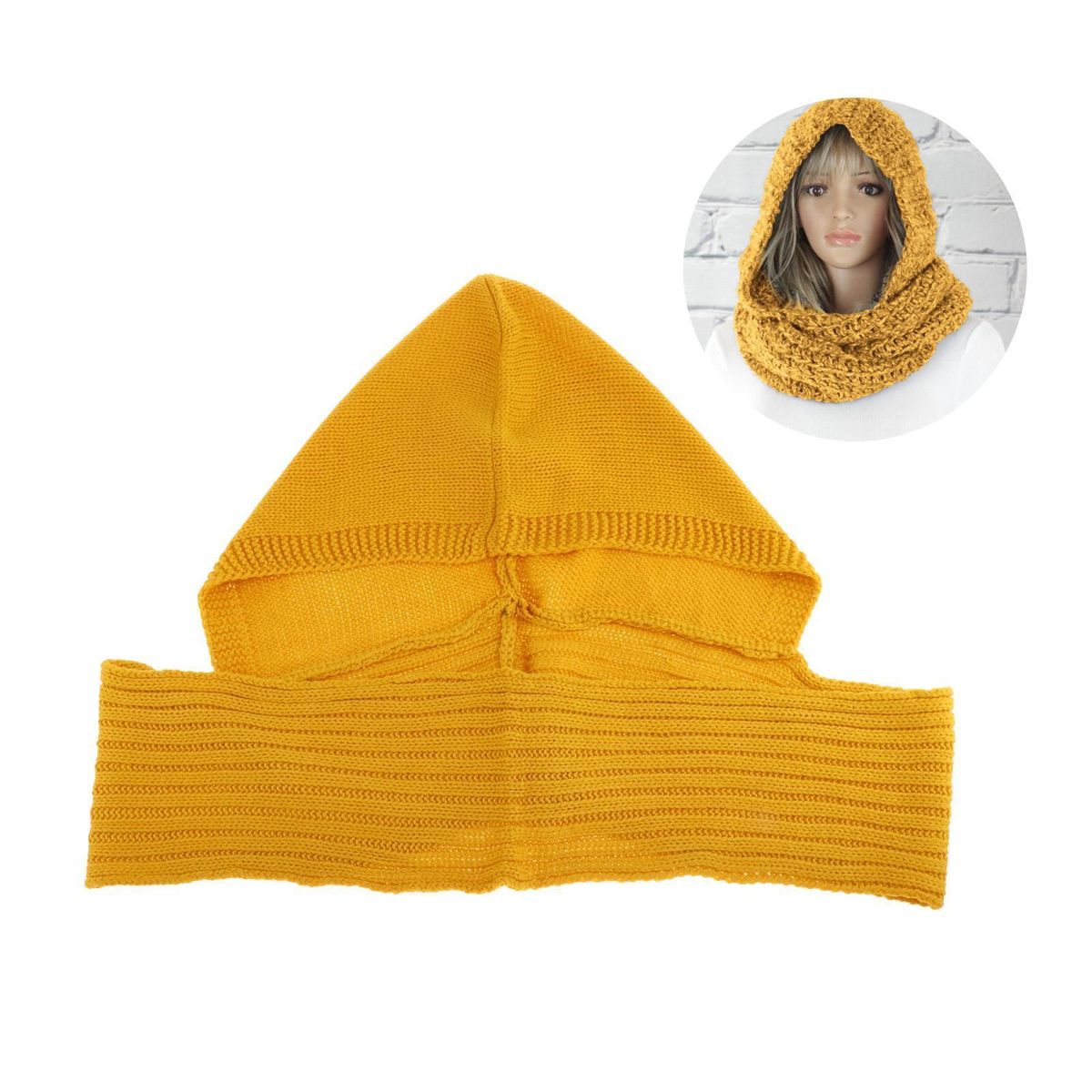 Lady Hooded Scarf Warm Knitted Hoodie 3 In 1 Shawl Headscarf Yellow