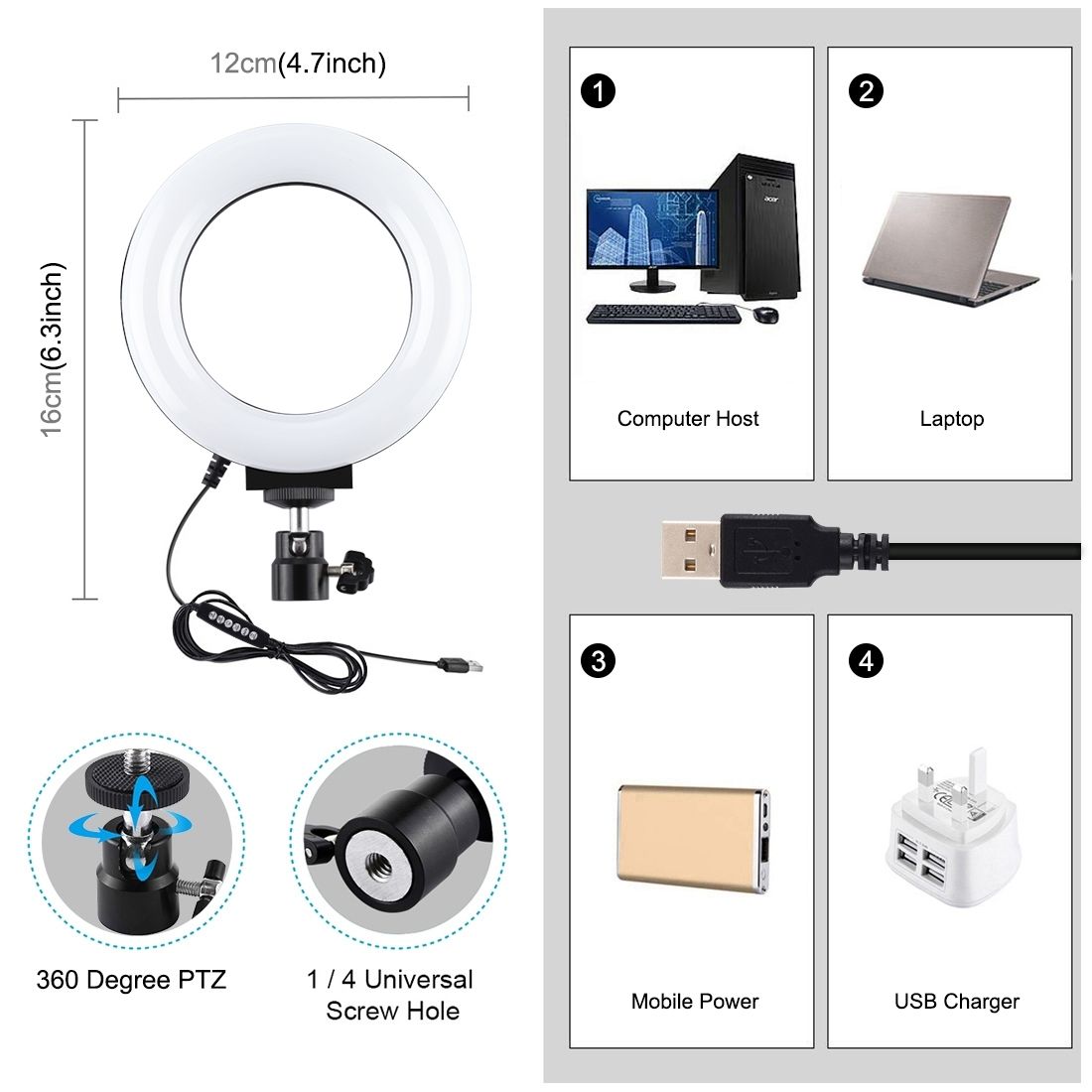 4.7 Inch 12cm USB 10 Modes 8 Colors RGBW Dimmable LED Ring Vlogging Photography Video Lights With Cold Shoe Tripod Ball Head(Black)