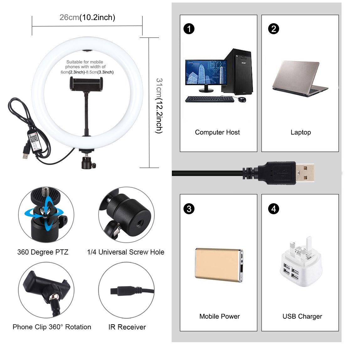 10.2 Inch 26cm USB RGBW Dimmable LED Ring Vlogging Photography Video Lights With Cold Shoe Tripod Ball Head & Remote Control & Phone Clamp(Black)