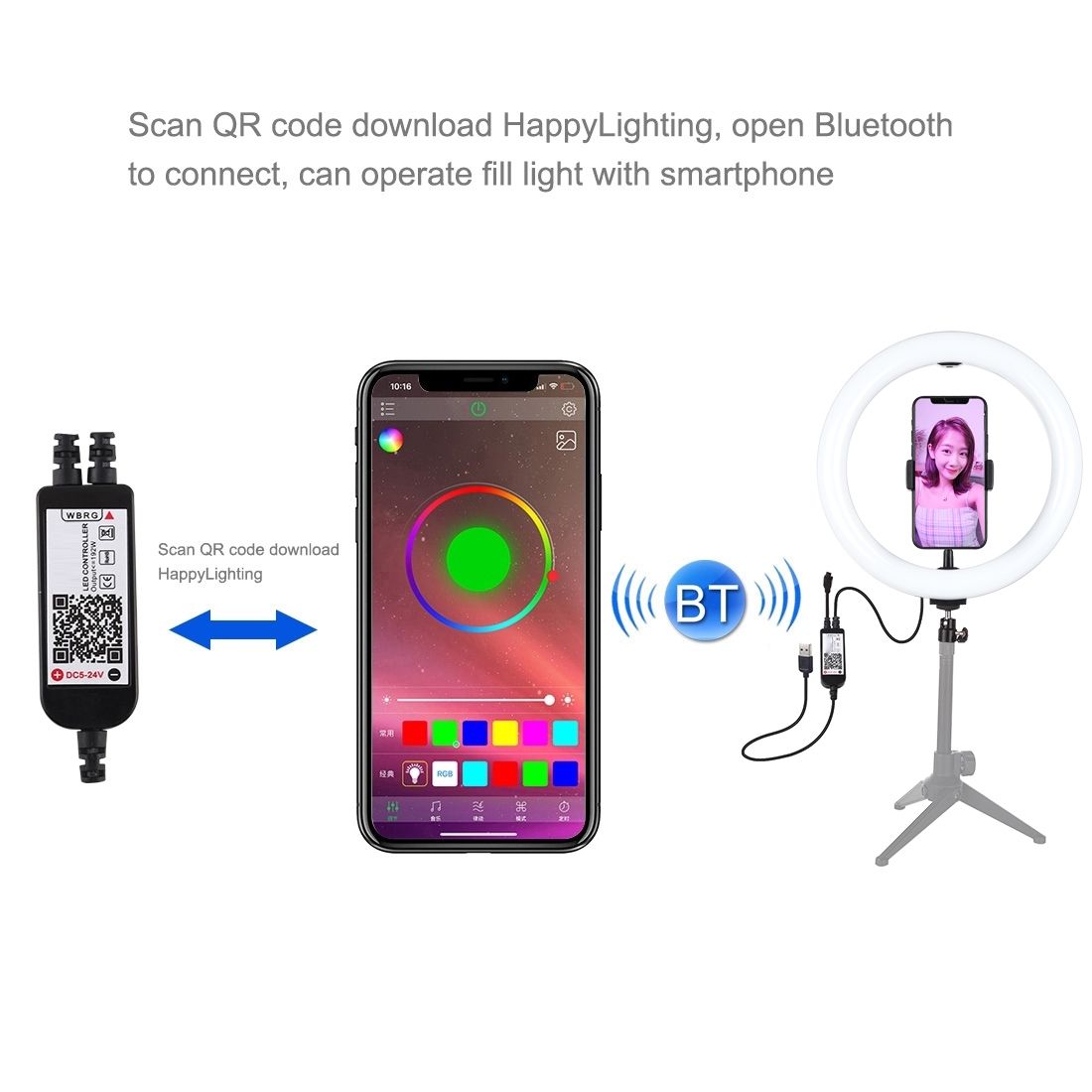 10.2 Inch 26cm USB RGBW Dimmable LED Ring Vlogging Photography Video Lights With Cold Shoe Tripod Ball Head & Remote Control & Phone Clamp(Black)
