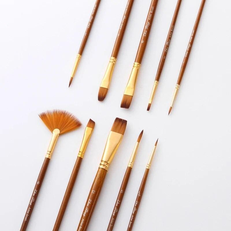Hair Painting Brush Linen Paint Brushes Set Oil Acrylic Brush Watercolor Pen Round And Fan Shape Tip Brush 10Pcs/set
