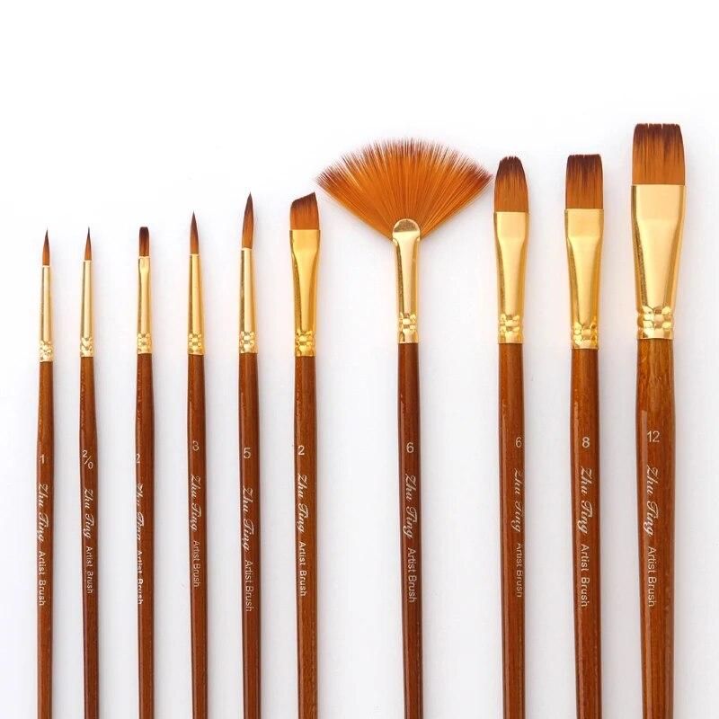 Hair Painting Brush Linen Paint Brushes Set Oil Acrylic Brush Watercolor Pen Round And Fan Shape Tip Brush 10Pcs/set