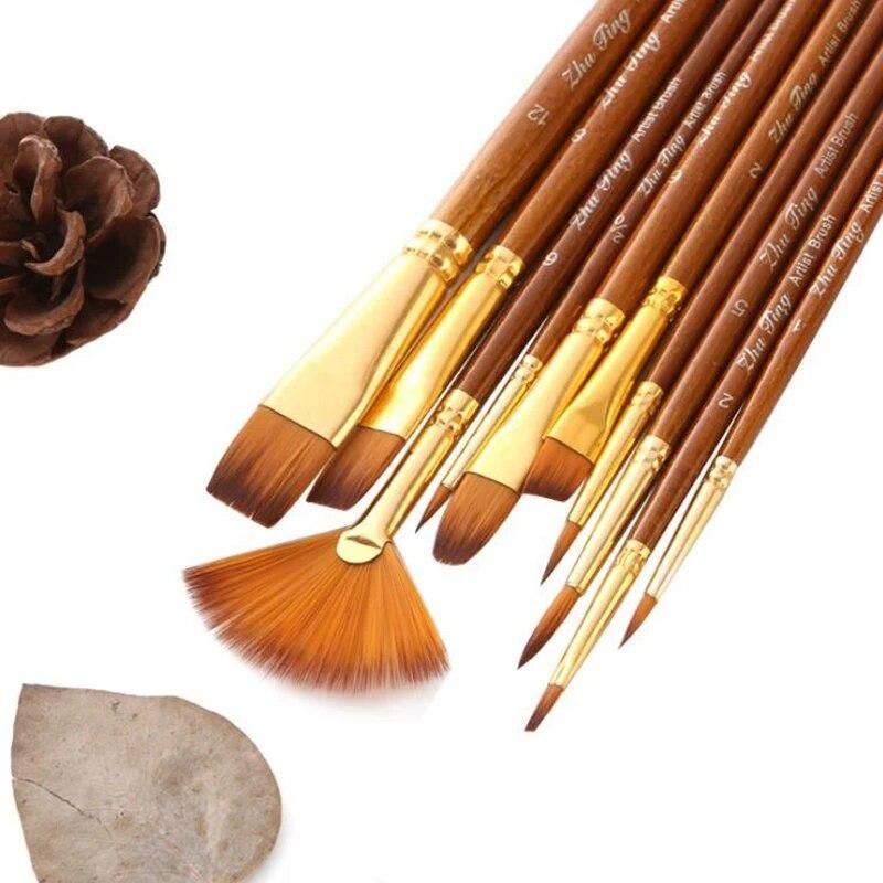 Hair Painting Brush Linen Paint Brushes Set Oil Acrylic Brush Watercolor Pen Round And Fan Shape Tip Brush 10Pcs/set