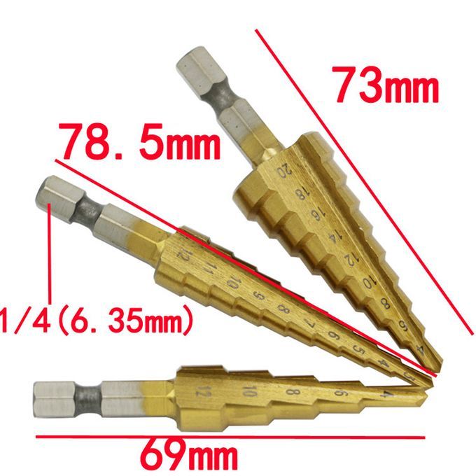 3pcs Hss Steel Titanium Coated Step Drill Bits