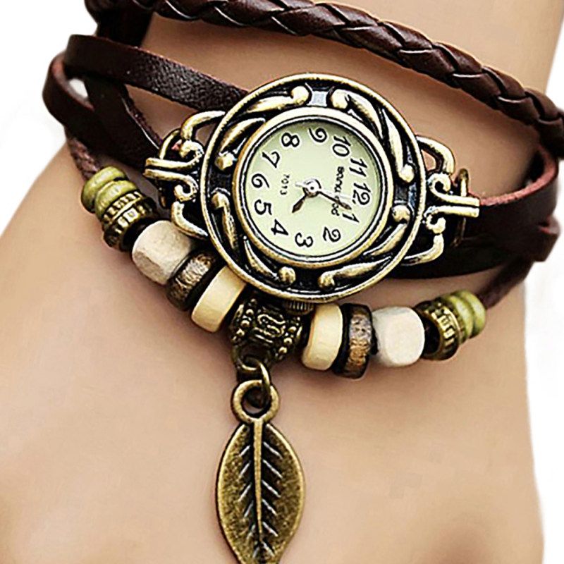 Retro Multilayer Leaf Pendant Bead Braided Faux Leather-