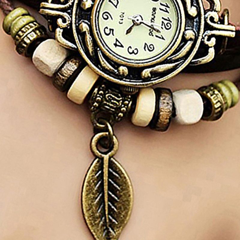 Retro Multilayer Leaf Pendant Bead Braided Faux Leather-