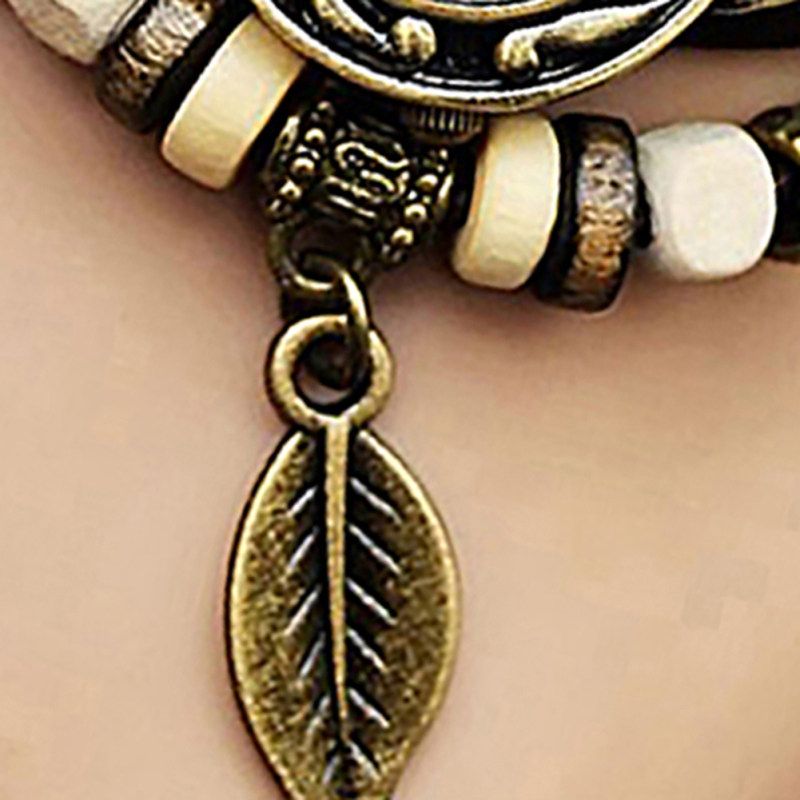 Retro Multilayer Leaf Pendant Bead Braided Faux Leather-