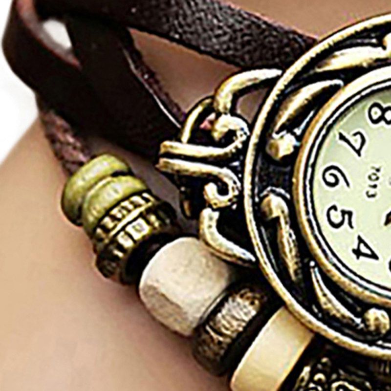 Retro Multilayer Leaf Pendant Bead Braided Faux Leather-
