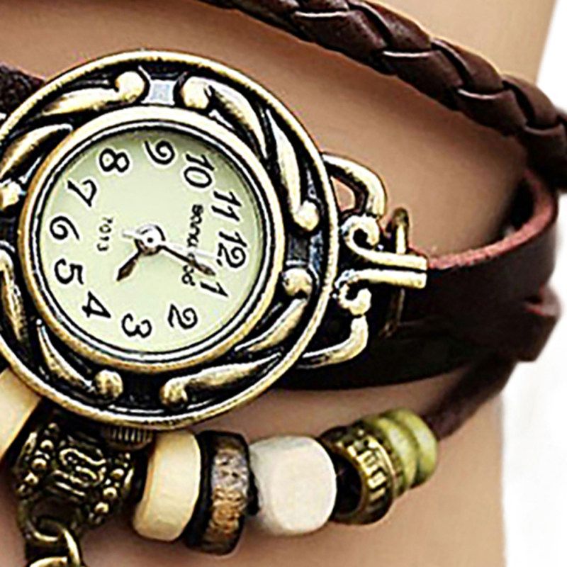 Retro Multilayer Leaf Pendant Bead Braided Faux Leather-