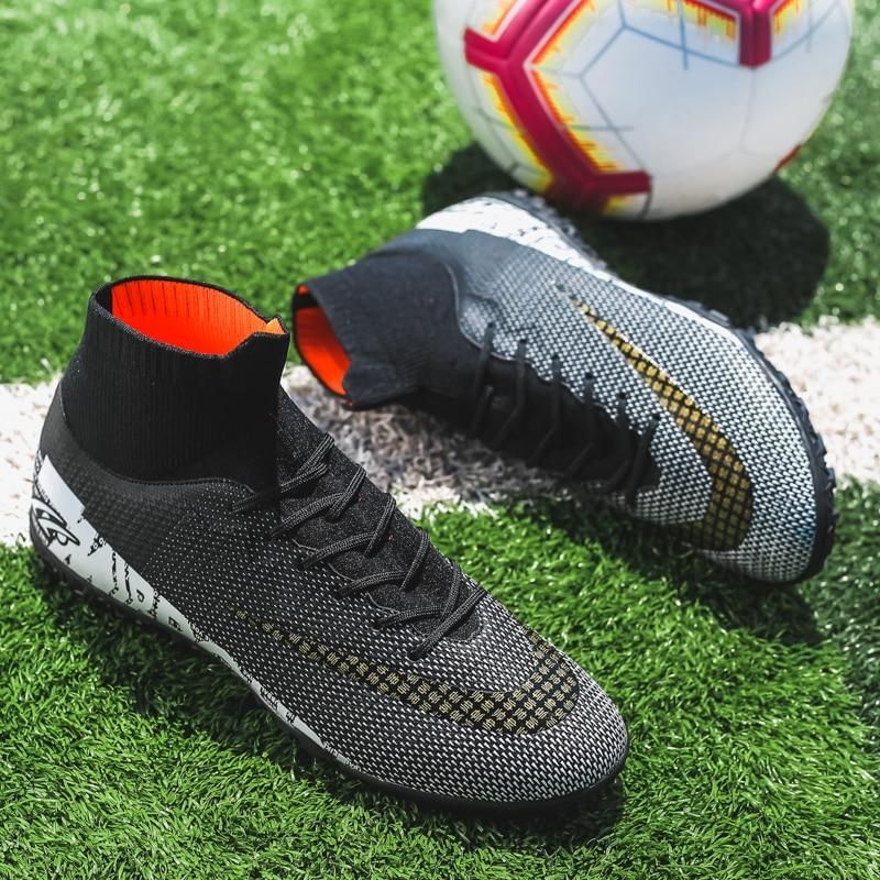 Men Soccer Shoes TF High Ankle Football Boots MenSneakers-Black