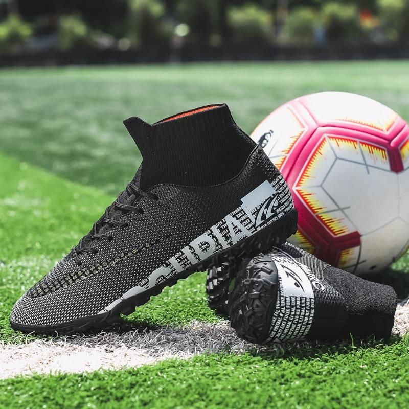 Men Soccer Shoes TF High Ankle Football Boots MenSneakers-Black