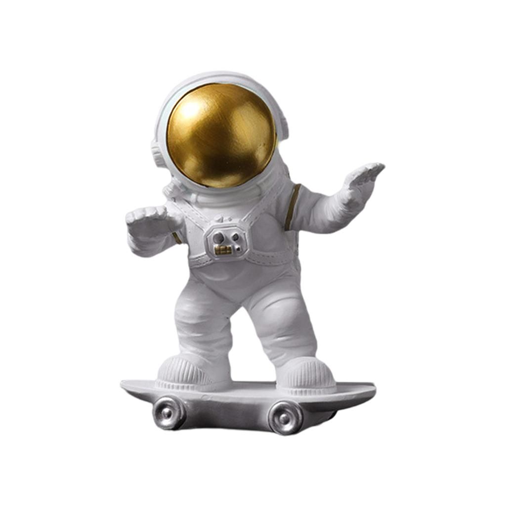 Outer Space Astronaut Skateboarding Figurine Statue Desktop Golden