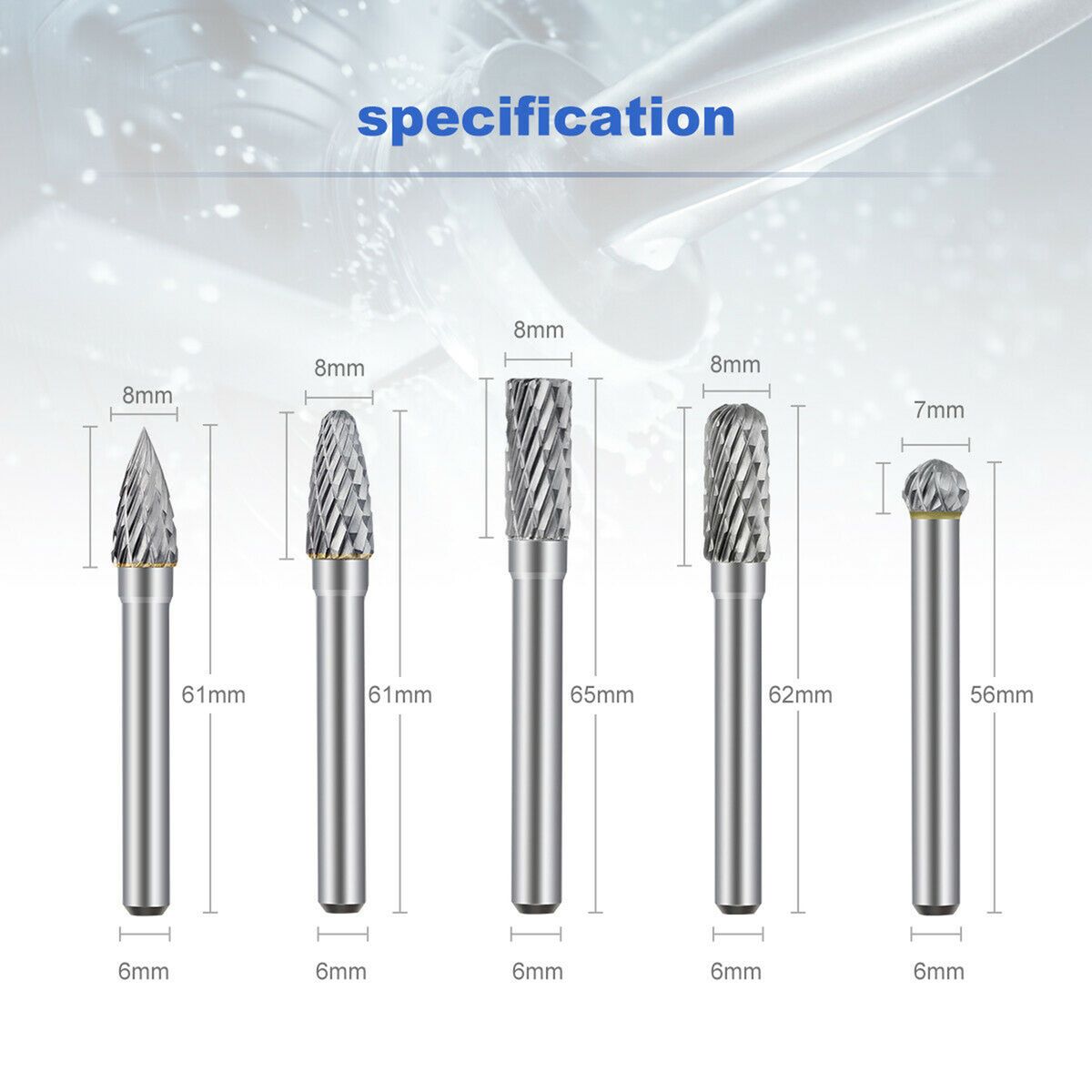5Pcs Double Cut Tungsten Carbide Burrs 8mm Rotary Burr Set