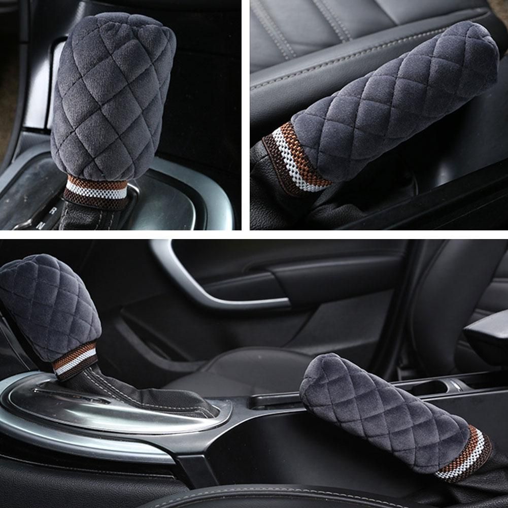2Pcs Plush Car Interior Gear Shift Knob Cover Warm-Black